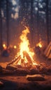 Warm campfire glow creates inviting atmosphere for cozy evening camping