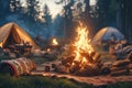 Warm campfire glow creates inviting atmosphere for cozy evening camping