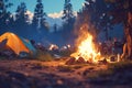 Warm campfire glow creates inviting atmosphere for cozy evening camping