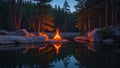 Warm campfire glow reflected in small lake surrounded by pine forest Royalty Free Stock Photo
