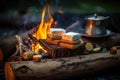 warm campfire with smores ingredients on nearby log