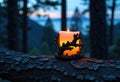 A lit candle with a decorative holder placed on a tree branch in a forest at Royalty Free Stock Photo