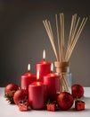 Festive candlelight glow with red candles and decorative Christmas ornaments. Generative AI Royalty Free Stock Photo