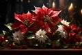 Warm candlelight illuminates vibrant poinsettias, setting a festive Christmas mood in a cozy, intimate atmosphere.