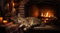 warm cat fireplace Royalty Free Stock Photo