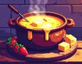 Warm Cheese Fondue with Strawberries and Bread Cubes Royalty Free Stock Photo