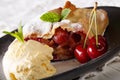 Warm cherry strudel and vanilla ice cream close-up. horizontal Royalty Free Stock Photo