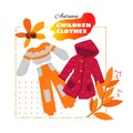 warm, children s clothes on background of autumn