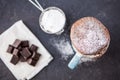 Warm chocolate cake in a mug sprinkled with icing sugar Royalty Free Stock Photo