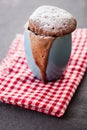 Warm chocolate cake in a mug sprinkled with icing sugar