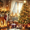 Warm Christmas Eve with a Decorated Tree and Gifts Royalty Free Stock Photo