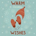 Warm Christmas wishes card with cozy mittens and cap