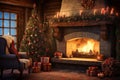 Christmas fireplace in the room living room surrounded by wrapped gifts, decorations and glowing candlelights. Generative AI.