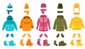 Warm cloth and accessories. Winter clothing, cartoon women seasonal garment. Coat and jacket, hat and scarf. Isolated