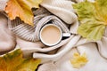 Warm clothes and cup of hot coffee, tea with milk. Autumn mood. The concept of home comfort, cozy mood and autumn morning. Royalty Free Stock Photo