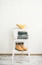 Warm clothing, blankets, boots and cap for cold weather Royalty Free Stock Photo