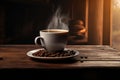 Warm Coffee Embrace in Wooden Atmosphere.