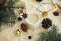 Warm coffee in stylish cup with anise star, fir branches, ornaments, pine cones and warm lights on cozy knitted background.