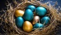 A warm collection of blue and beige Easter eggs with speckled patterns, nestled in a straw nest with soft feathers Royalty Free Stock Photo