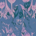 Romantic seamless fabric texture with pink and blue tulip flowers.