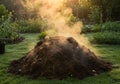 Warm Compost Pile Steaming at Sunrise in a Garden Royalty Free Stock Photo