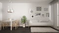 Warm and confortable scandinavian white and gray living room with dining table, sofa and fur carpet, potted plant and parquet