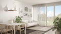 Warm and confortable scandinavian white and gray living room with dining table, sofa and fur carpet, potted plant and parquet