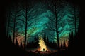 A warm and cosy campfire ,forest trees silhouetted, stars , Lights lighting, night sky Royalty Free Stock Photo