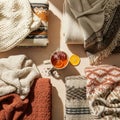 Folded wool and fleece blankets with various patterns in shades of Royalty Free Stock Photo