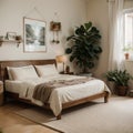 Warm and cozy bedroom interior with mock up poster frame boho bed beige bedding green wall with stucco books brown slippers Royalty Free Stock Photo