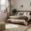 Warm and cozy bedroom interior with mock up poster frame boho bed beige bedding green wall with stucco books brown slippers Royalty Free Stock Photo