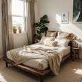 Warm and cozy bedroom interior with mock up poster frame boho bed beige bedding green wall with stucco books brown slippers