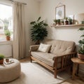 Warm and cozy bedroom interior with mock up poster frame boho bed beige bedding green wall with stucco books brown slippers