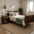 Warm and cozy bedroom interior with mock up poster frame boho bed beige bedding green wall with stucco books brown slippers
