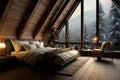 Warm and cozy chalet bedroom with wooden d??cor, winter forest view