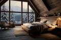 Warm and cozy chalet bedroom with wooden d??cor, winter forest view