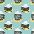 Warm cozy cocoa cup vintage retro seamless pattern