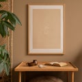 Warm and cozy composition of living room interior with mock up poster frame,