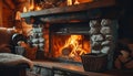 Warm cozy fireplace with real wood burning in it. Cozy winter concept.