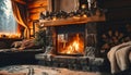 Warm cozy fireplace with real wood burning in it. Cozy winter concept.