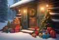 a warm cozy holiday cabin seasons greetings country christmas night snow evening lights snowy holidays gifts santa delivery visit Royalty Free Stock Photo