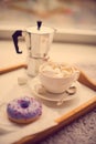 Warm cozy home. Tray and cup of coffee with marshmallows Royalty Free Stock Photo