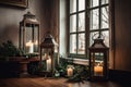 warm and cozy interior with festive lanterns and greenery, giving a hint of holiday cheer
