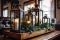 warm and cozy interior with festive lanterns and greenery, giving a hint of holiday cheer