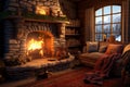 Warm Cozy interior fireplace room. Generate Ai