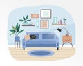 The warm and cozy interior of the living room. Completed with decorative plants and small furniture. Blue pastel tones. Flat