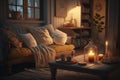 warm and cozy interior with soft yellow candlelight, wood accents, and plush pillows