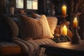 warm and cozy interior with soft yellow candlelight, wood accents, and plush pillows