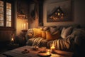 warm and cozy interior with soft yellow candlelight, wood accents, and plush pillows