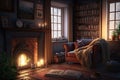 a warm and cozy living room, with a fireplace and a stack of books nearby